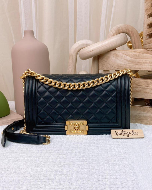 Chanel Black Lambskin Old Medium Boy Flap Bag GHW