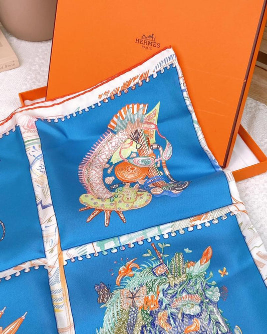 Hermes Blue Chevaloscope Square Scarf 90