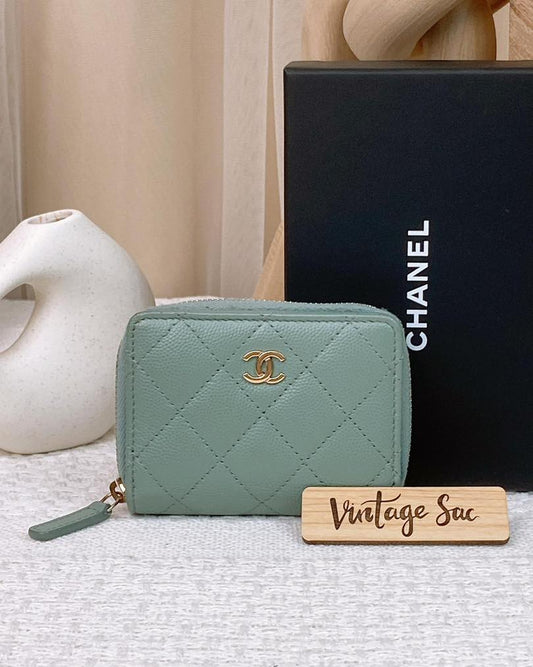 Chanel Green Caviar Compact Zippy Card Holder GHW