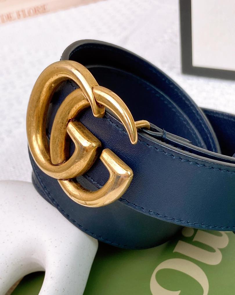 Gucci Navy Calfskin Marmont Belt 30mm GHW