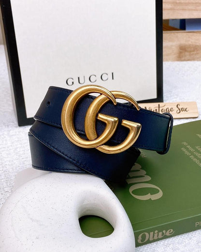 Gucci Navy Calfskin Marmont Belt 30mm GHW