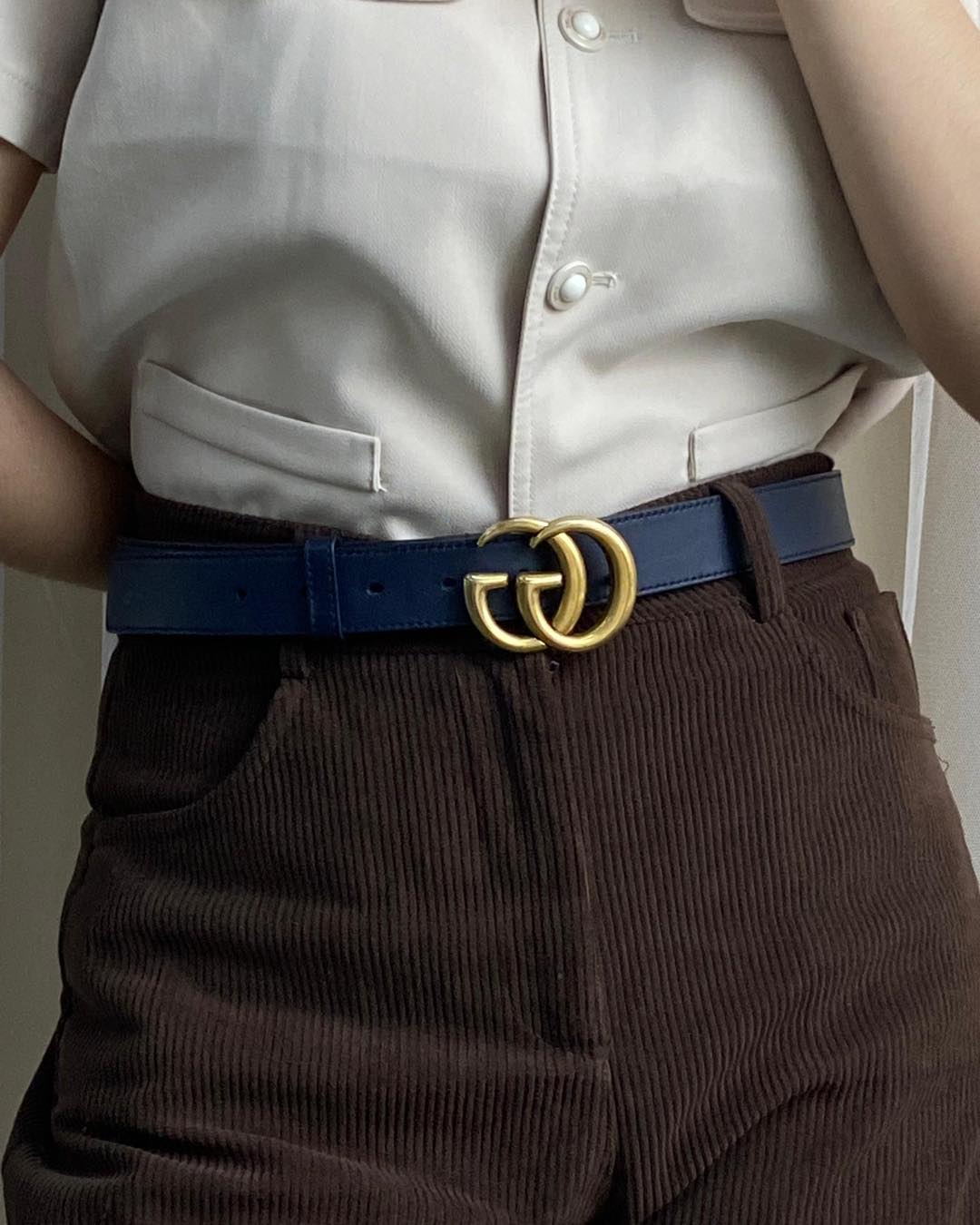 Gucci Navy Calfskin Marmont Belt 30mm GHW