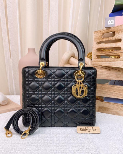 Dior Black Lambskin Lady Dior Medium GHW