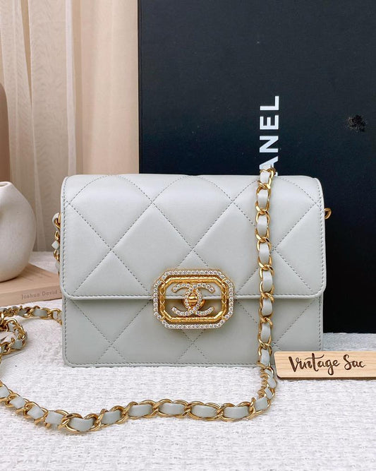 Chanel Light Grey Calfskin Geometric Frame CC Flap Bag GHW