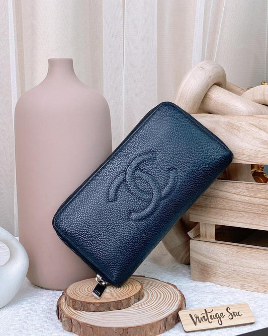 Chanel Black Caviar Timeless Long Zippy Wallet SHW