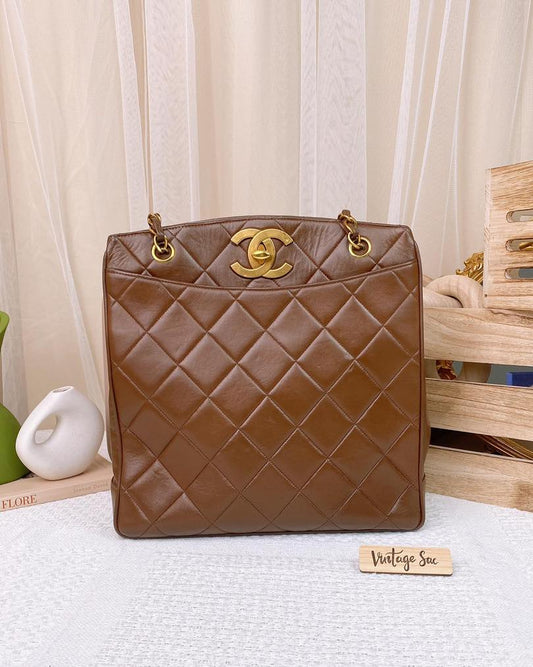 Chanel Brown Lambskin Vintage Quilted Turn Lock Tote GHW