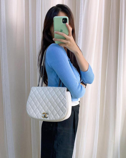 Chanel White Caviar Halfmoon Messenger Bag