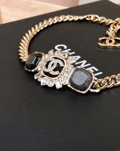 Chanel Light Gold 23P Black Dimante Logo Choker