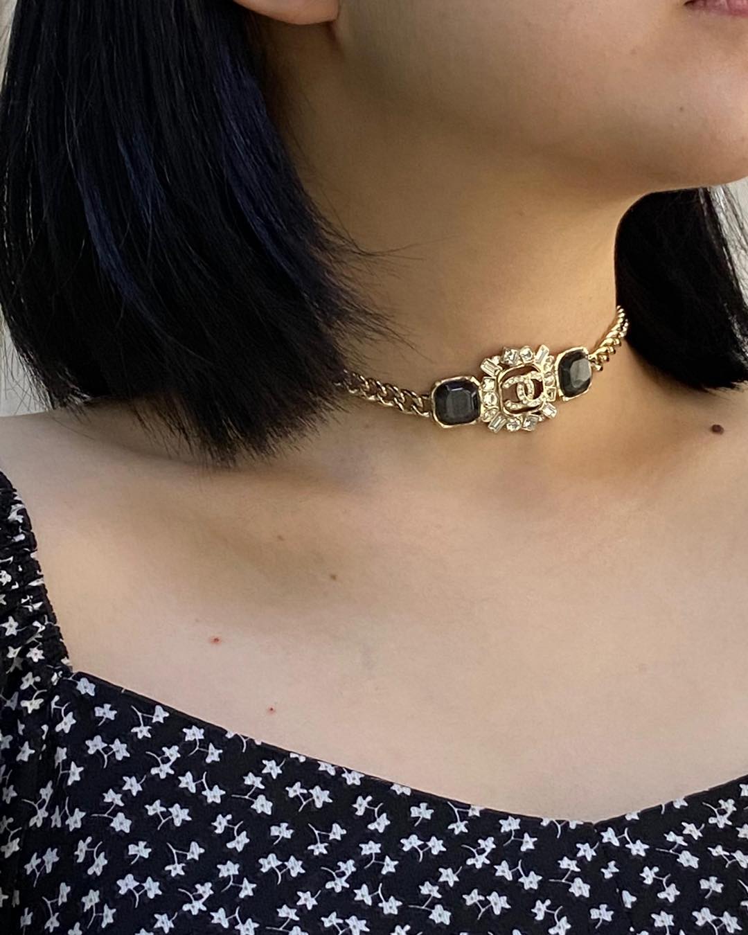 Chanel Light Gold 23P Black Dimante Logo Choker