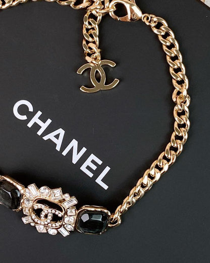 Chanel Light Gold 23P Black Dimante Logo Choker