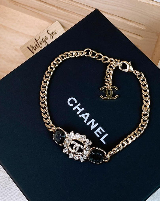 Chanel Light Gold 23P Black Dimante Logo Choker