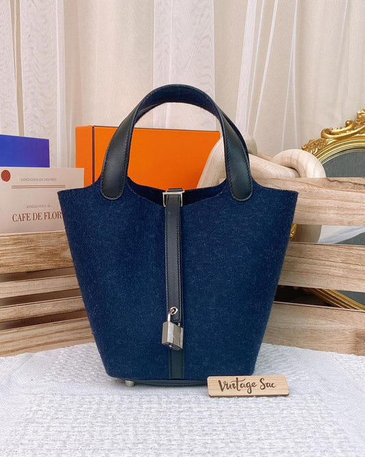 Hermes Navy Felt Picotin 18 PHW