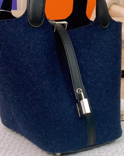 Hermes Navy Felt Picotin 18 PHW