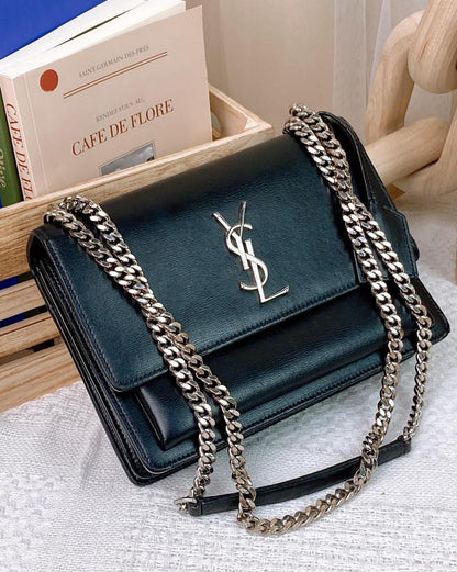 YSL Black Calfskin Medium Sunset Chain Bag SHW