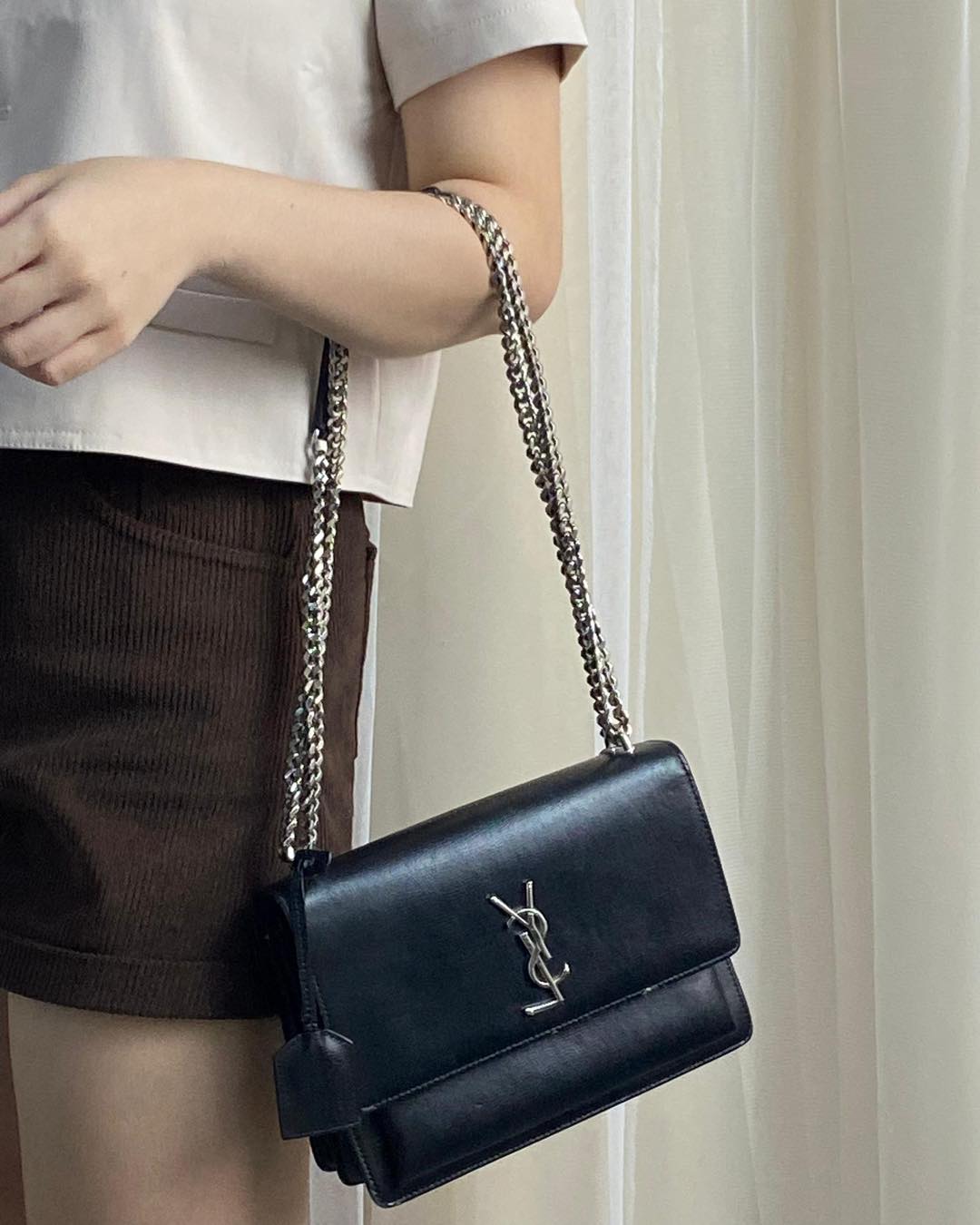 YSL Black Calfskin Medium Sunset Chain Bag SHW