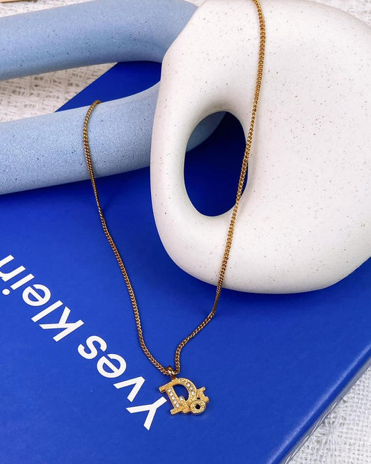 Dior Gold Vintage Crystal Logo Necklace