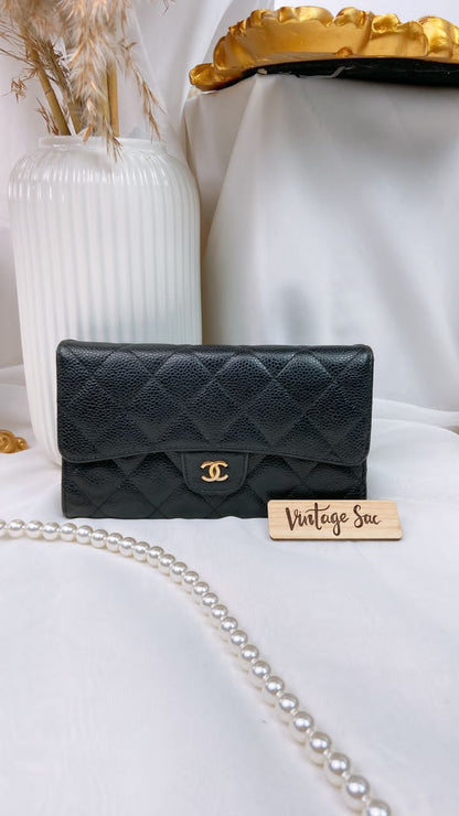 CC Black Caviar Trifold Long Wallet (GHW)