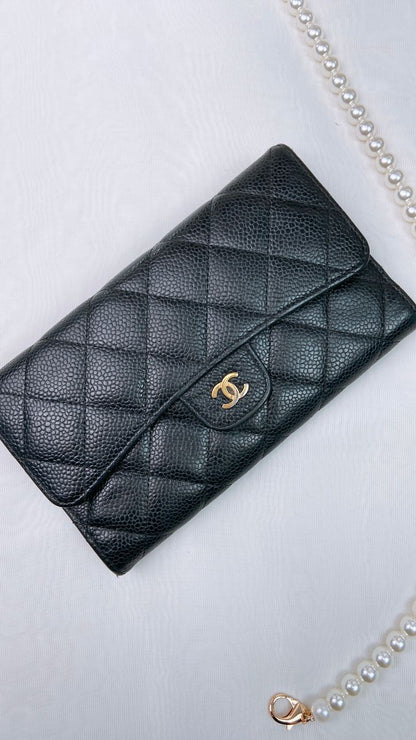 CC Black Caviar Trifold Long Wallet (GHW)