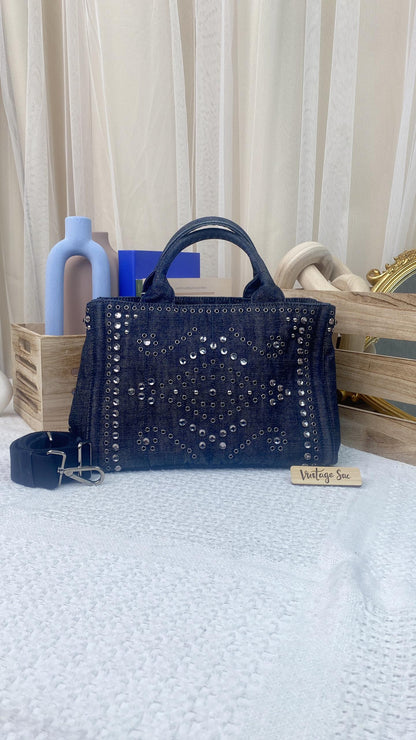 Prada Studded Denim Canapa Tote