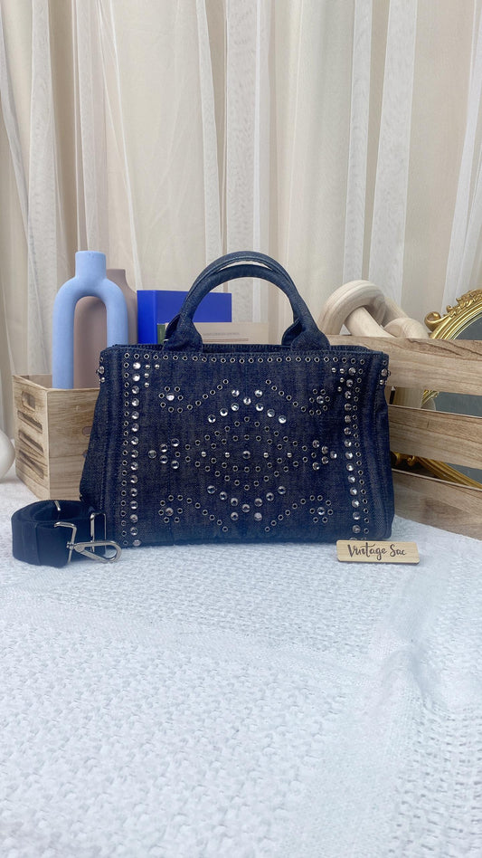 Prada Studded Denim Canapa Tote