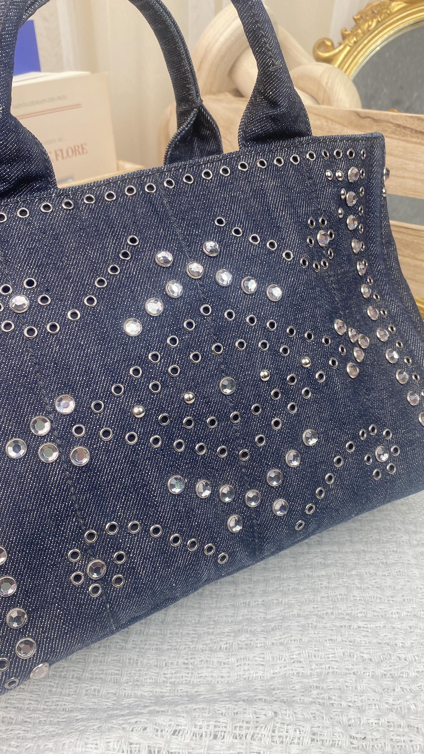 Prada Studded Denim Canapa Tote