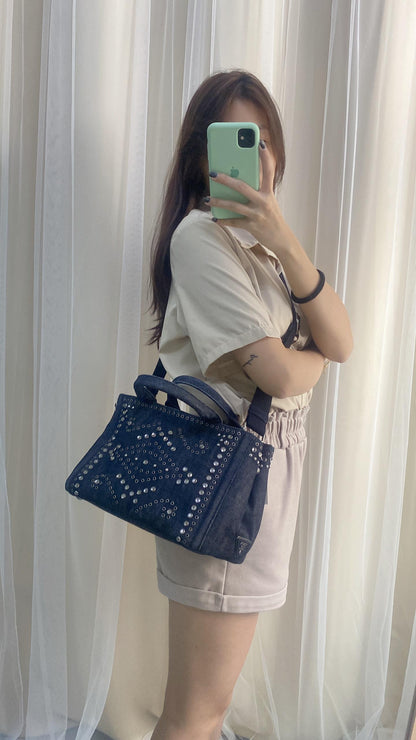 Prada Studded Denim Canapa Tote