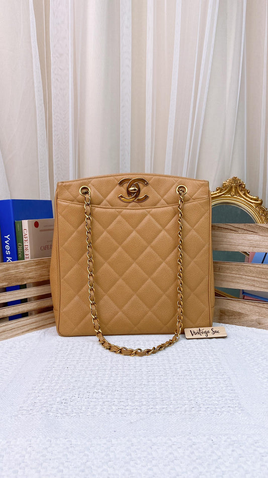 Chanel Caramel Caviar Vintage Vertical Tote GHW