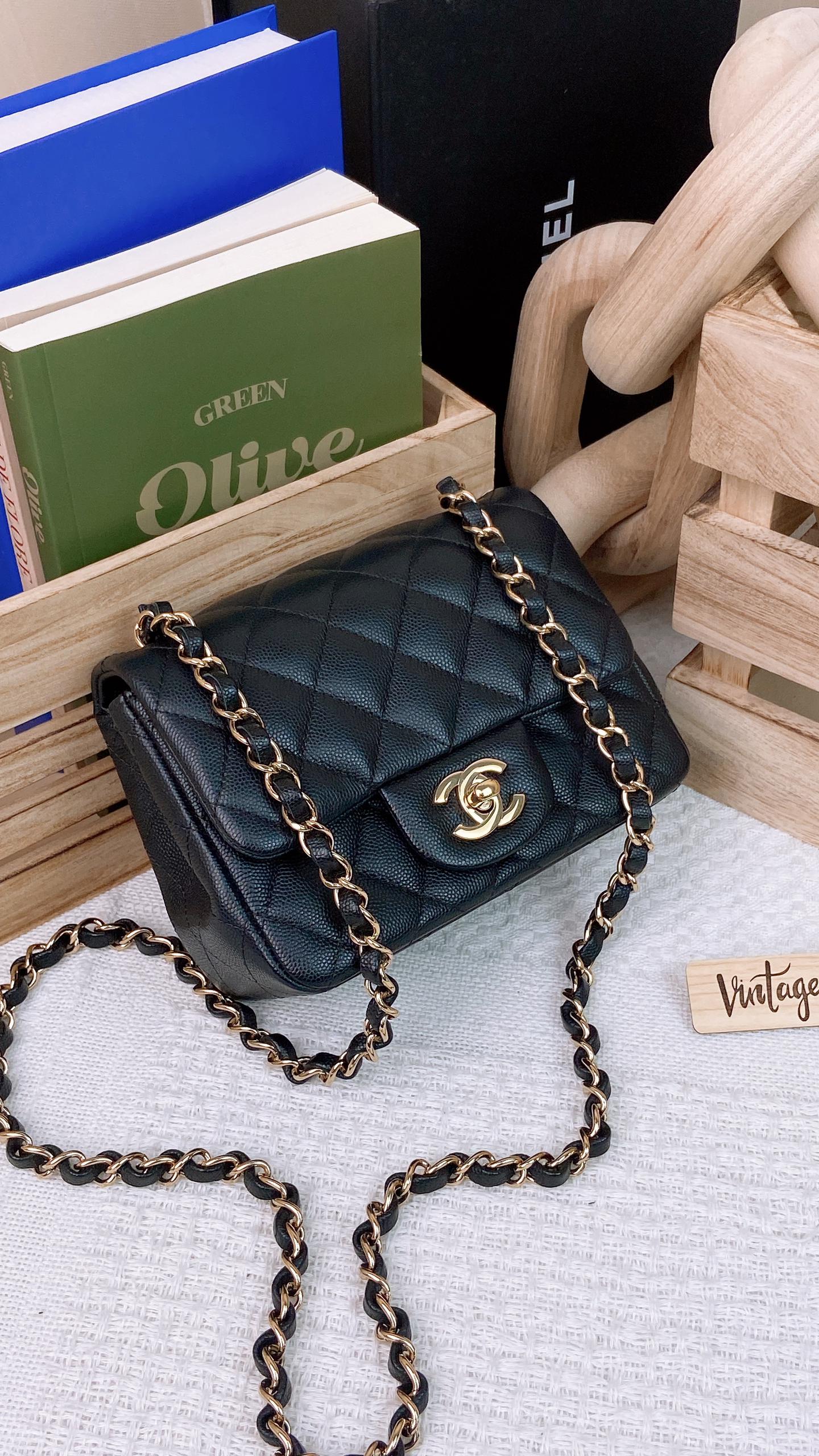 Chanel Black Caviar Mini Square Classic Flap GHW