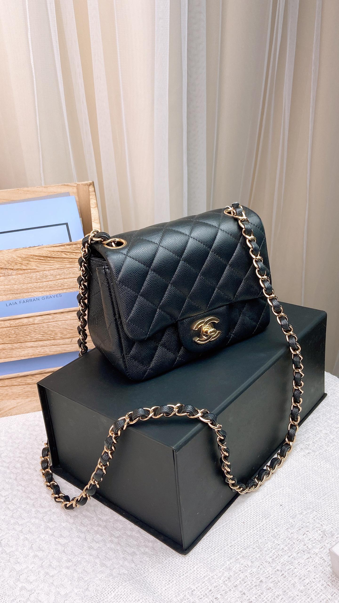 Chanel Black Caviar Mini Square Classic Flap GHW