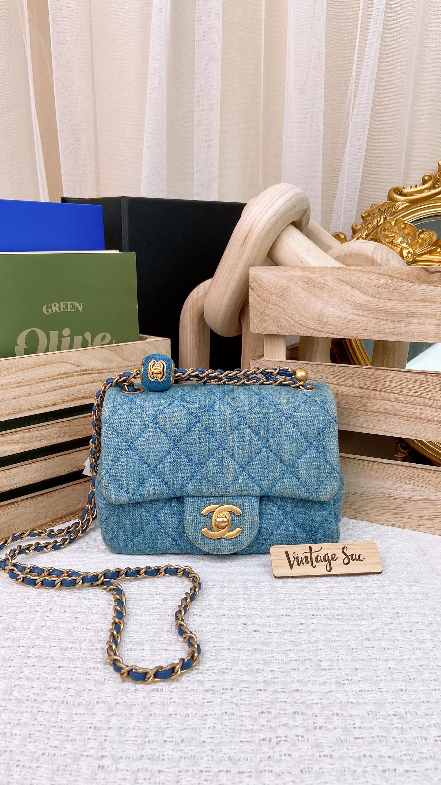 Chanel Light Blue Denim Mini Square with Pearl Crush