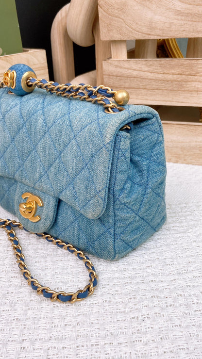 Chanel Light Blue Denim Mini Square with Pearl Crush