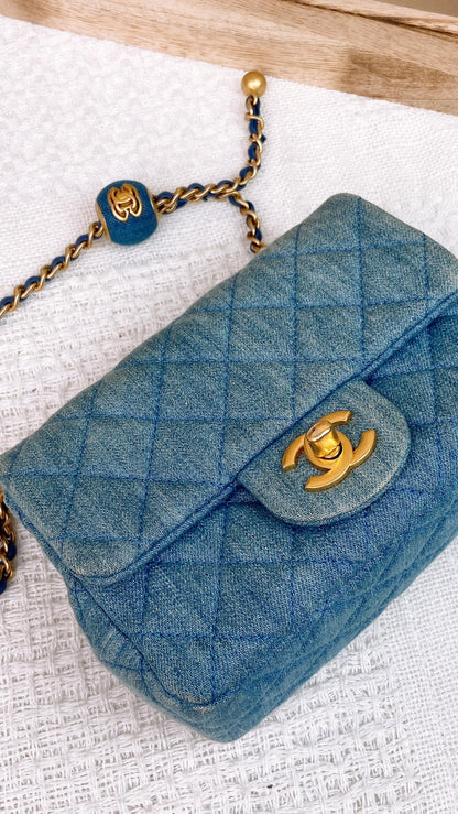 Chanel Light Blue Denim Mini Square with Pearl Crush