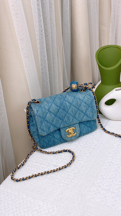 Chanel Light Blue Denim Mini Square with Pearl Crush