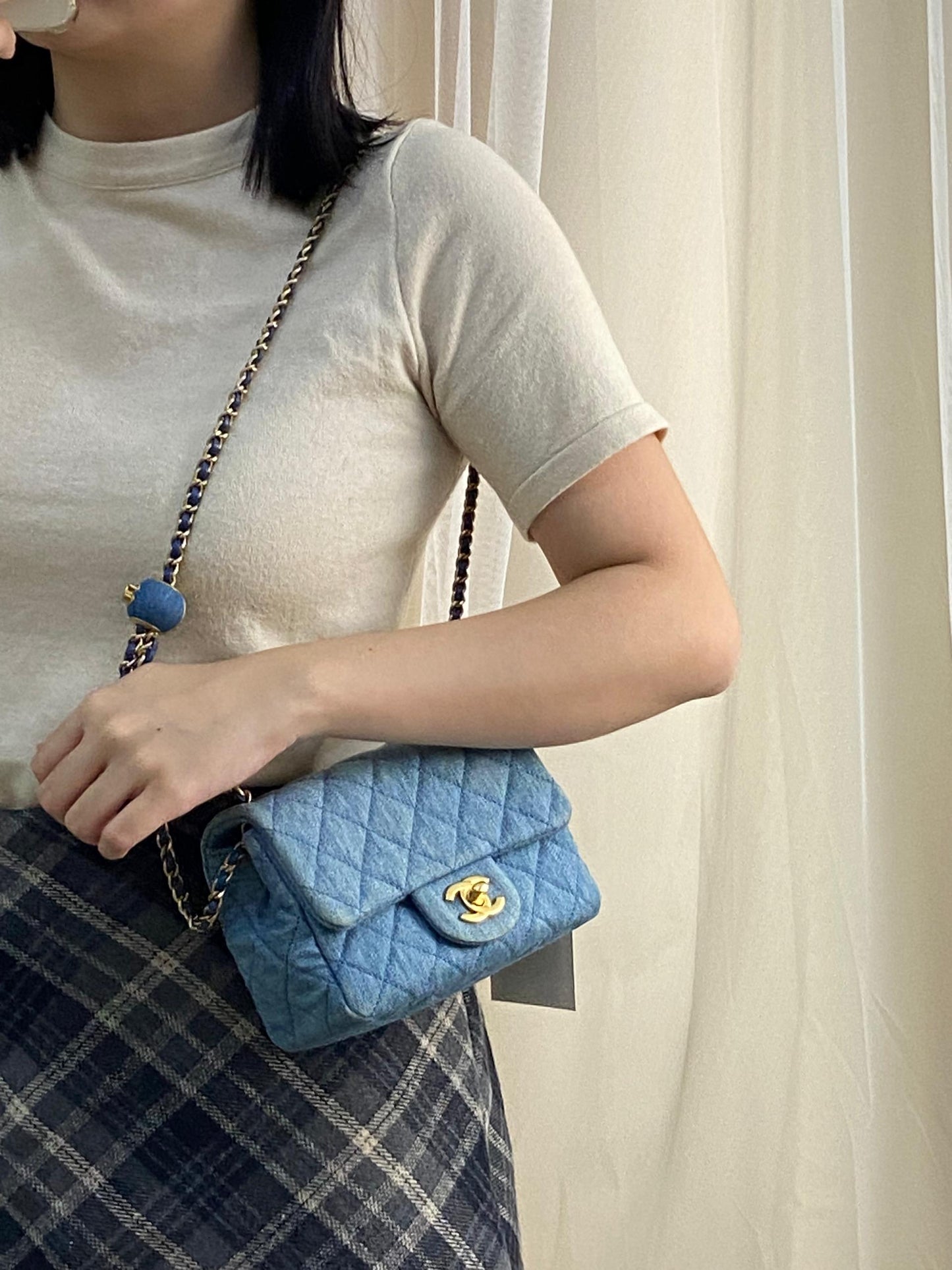 Chanel Light Blue Denim Mini Square with Pearl Crush