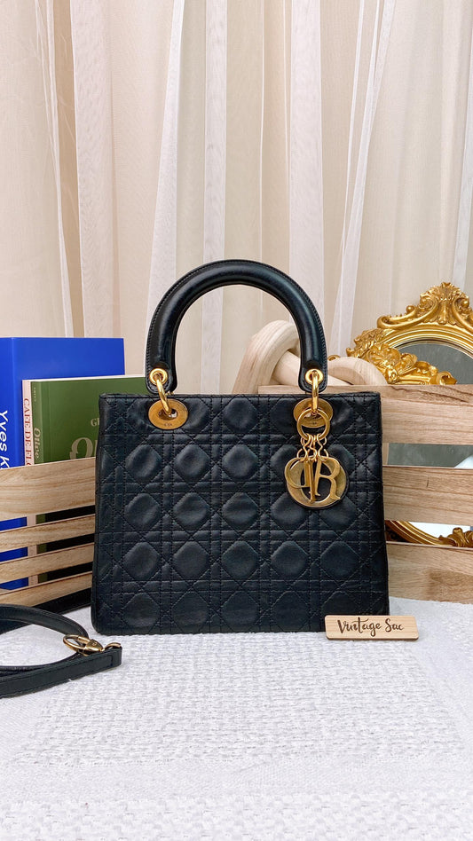 Dior Black Lambskin Medium Lady D GHW