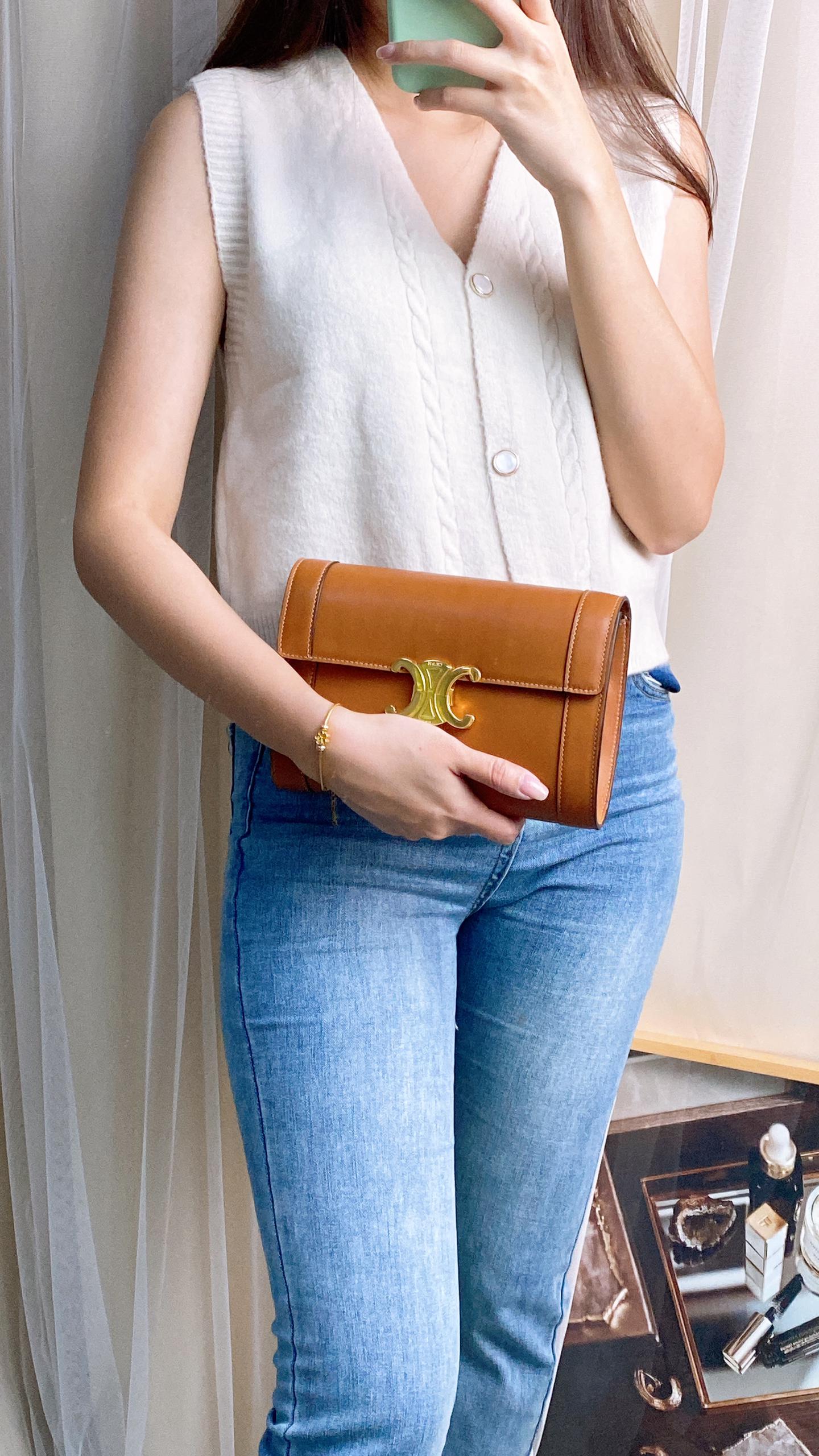 Celine Tan Calfskin Triomphe Clutch On Strap