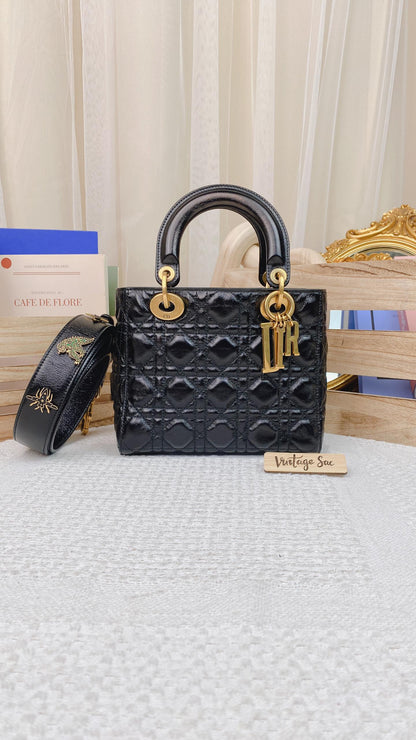 Dior Black Aged Calfskin Small Lady Dior GHW