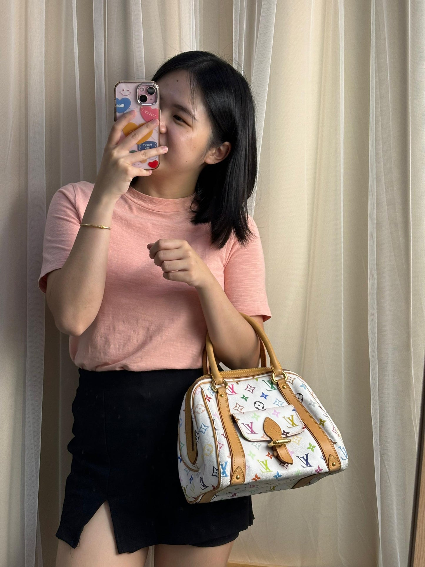 LV White Multicolour Priscilla Bowler Bag