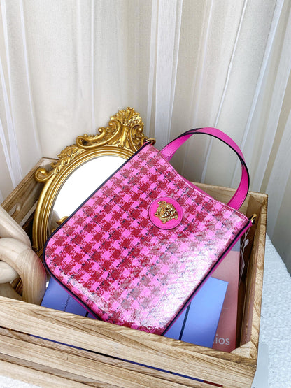 Versace Pink Tweed Vinyl Vertical Two-Way Tote