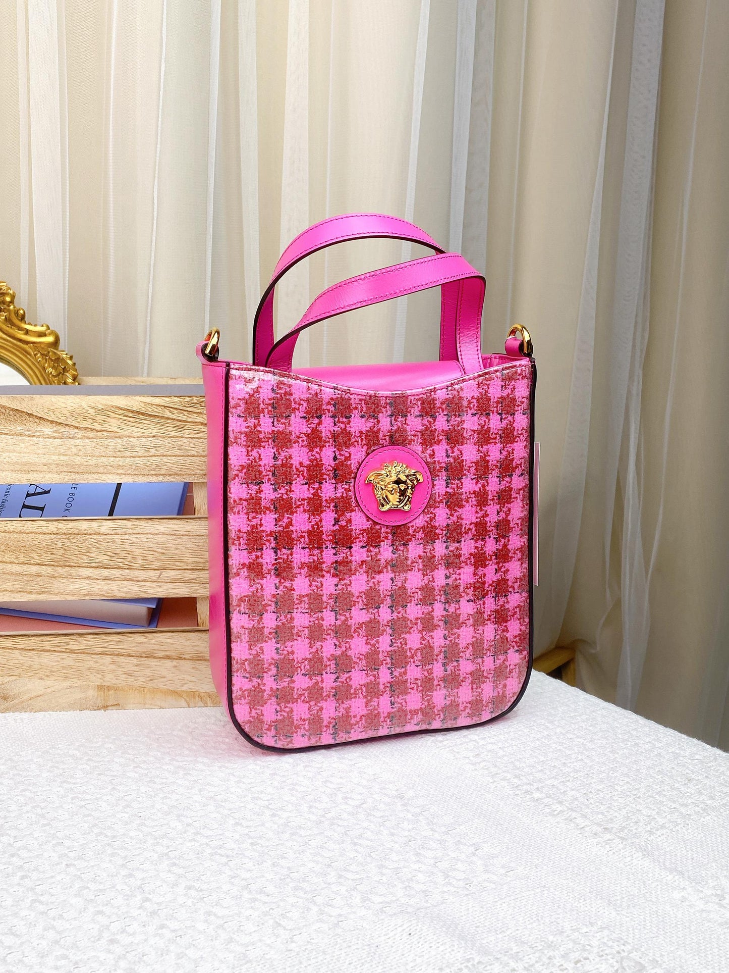 Versace Pink Tweed Vinyl Vertical Two-Way Tote