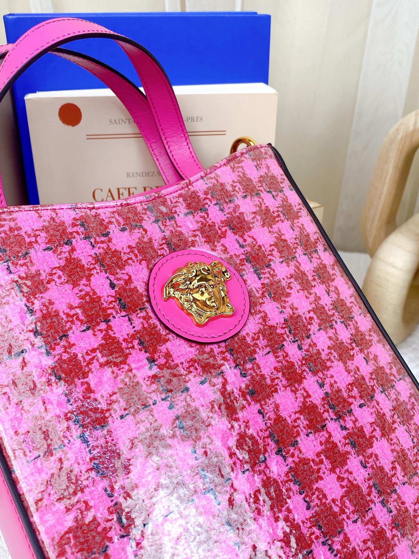 Versace Pink Tweed Vinyl Vertical Two-Way Tote