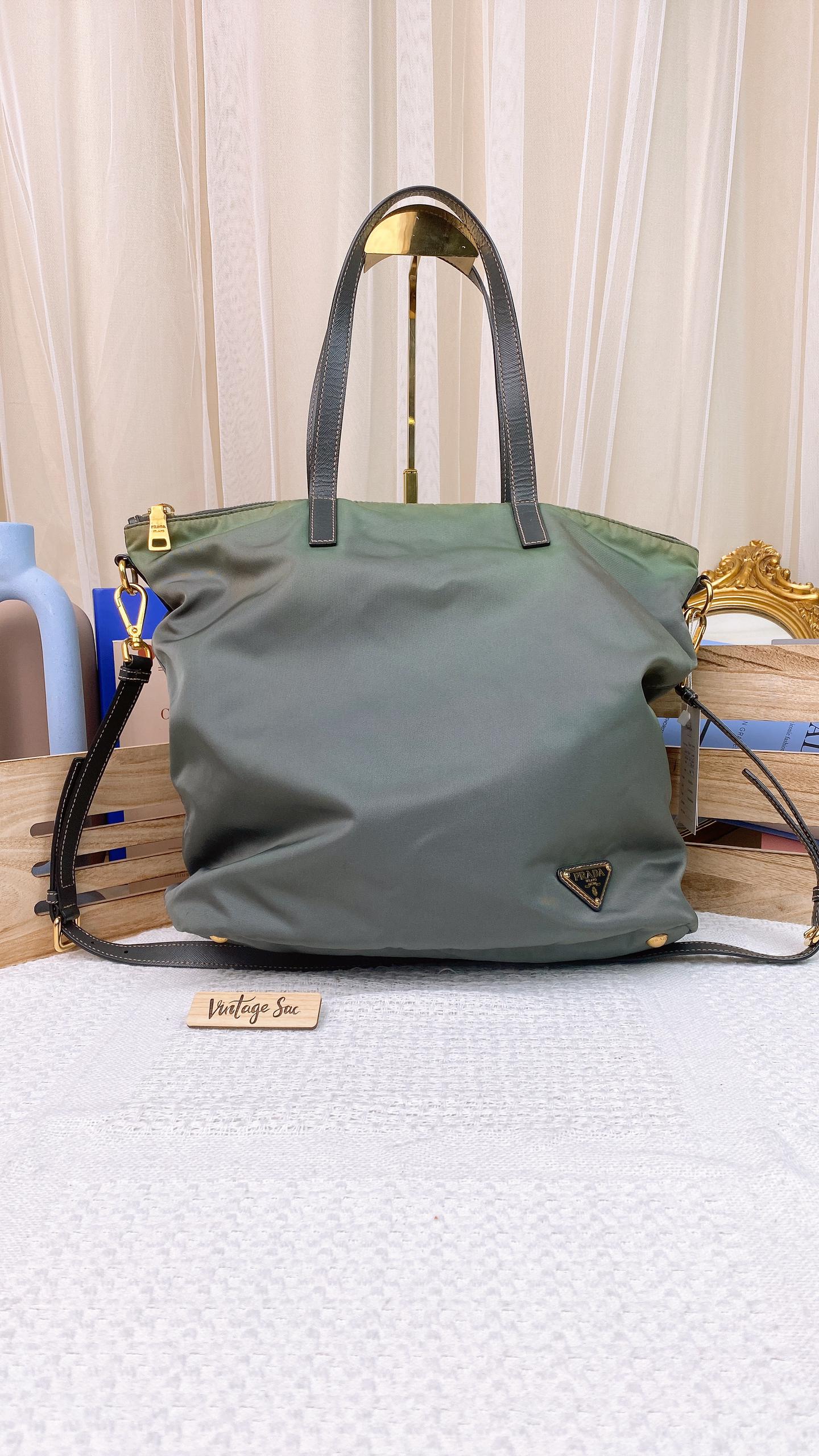 Prada Army Green Nylon 2way Vertical Tote (GHW)