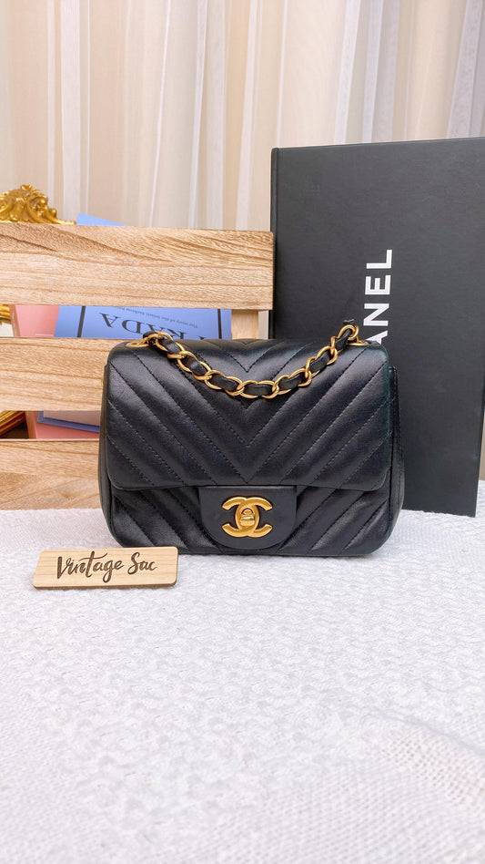 Chanel Black Lambskin Chevron Mini Square GHW