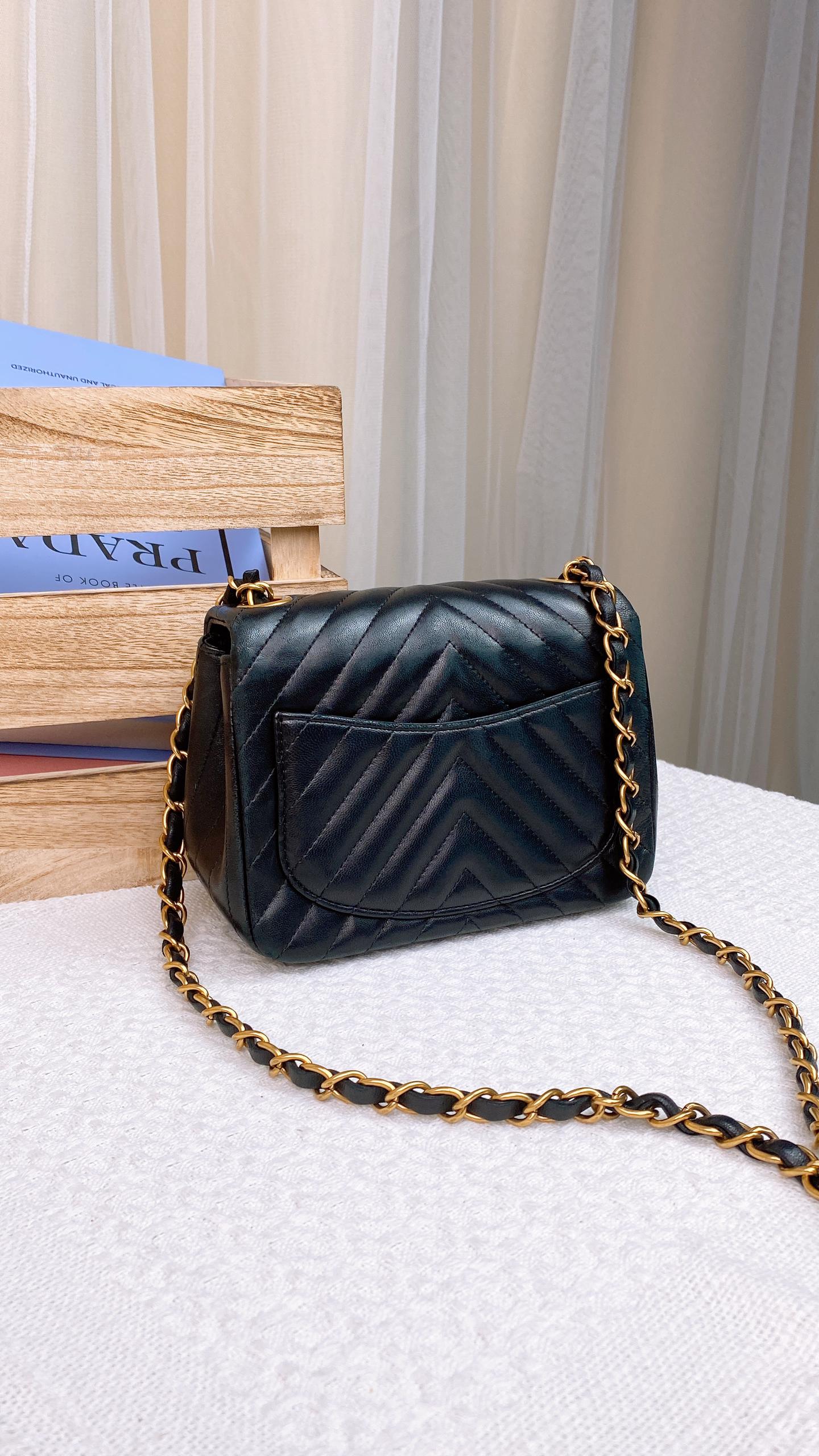 Chanel Black Lambskin Chevron Mini Square GHW