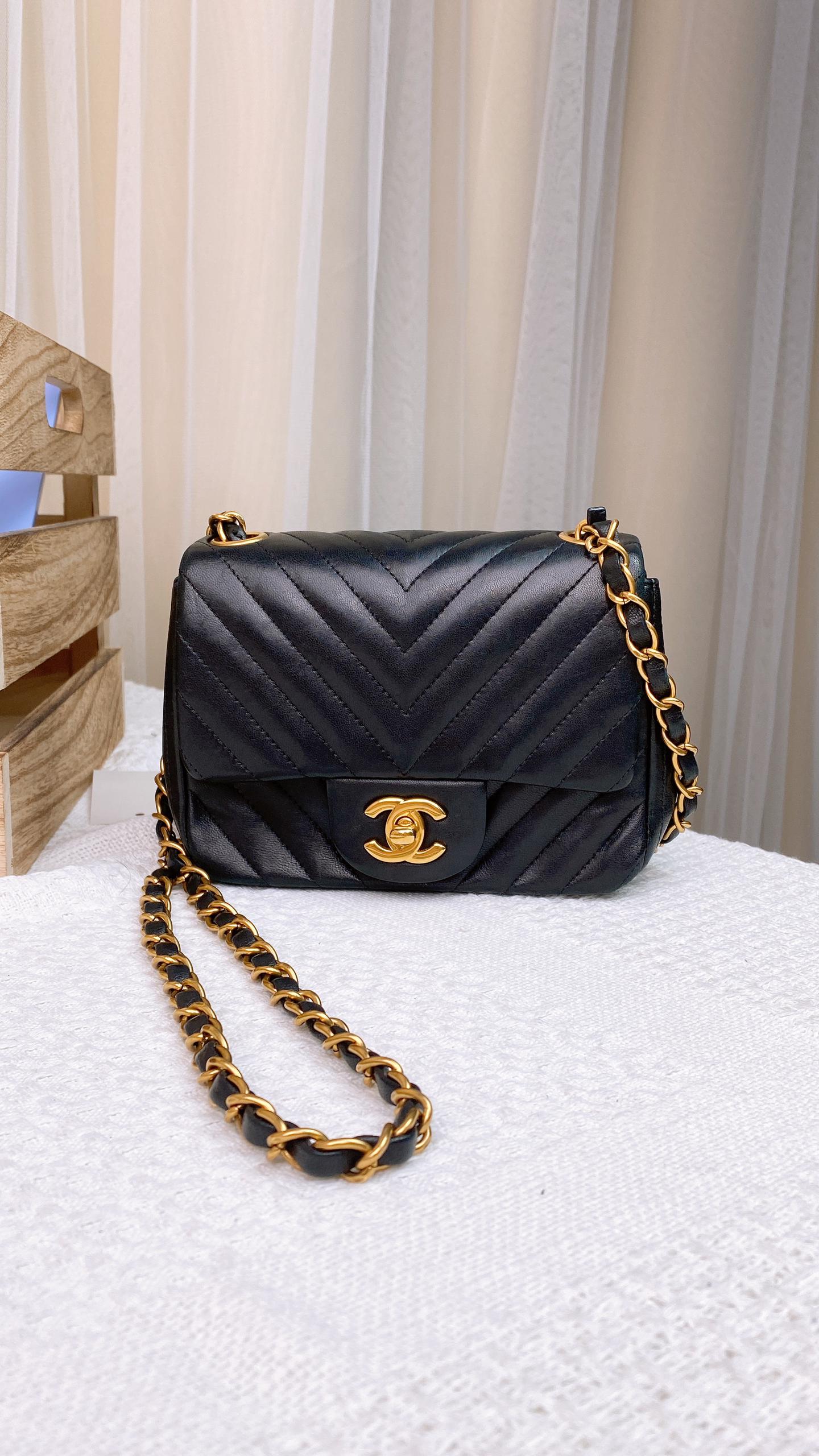 Chanel Black Lambskin Chevron Mini Square GHW