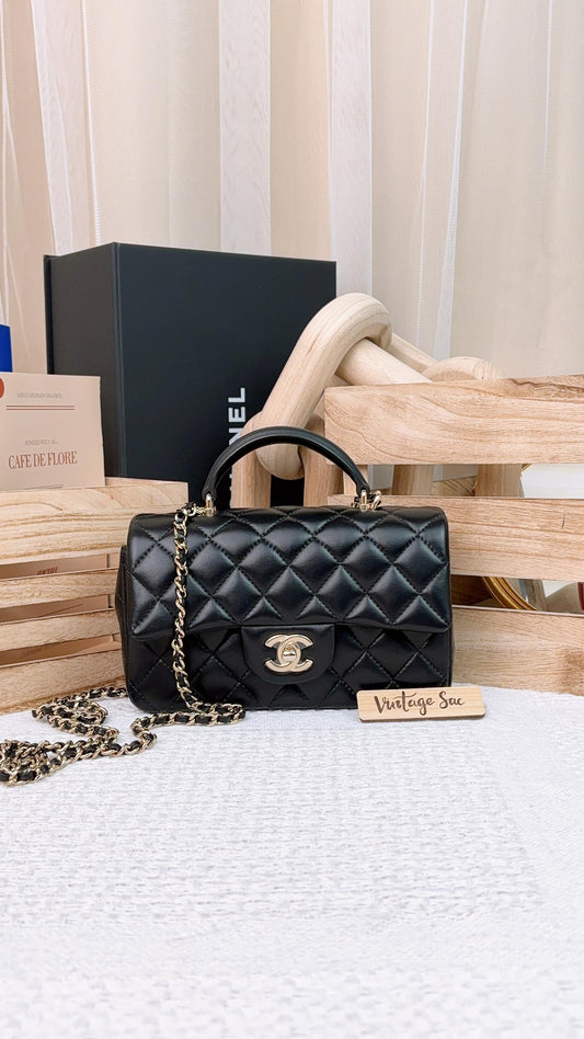 Chanel Black Lambskin Mini Rectangular with Handle LGHW