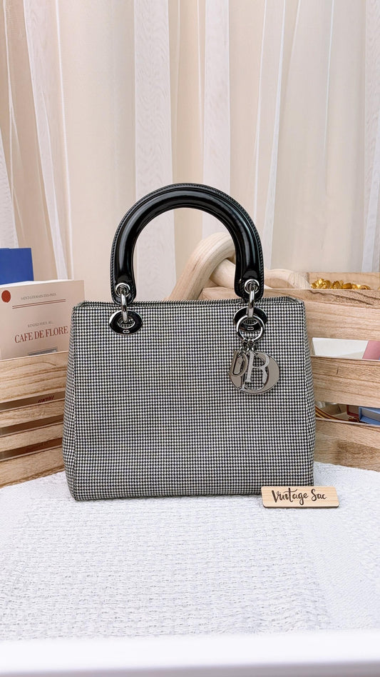 Dior Black Houndstooth Print Canvas Medium Lady D SHW