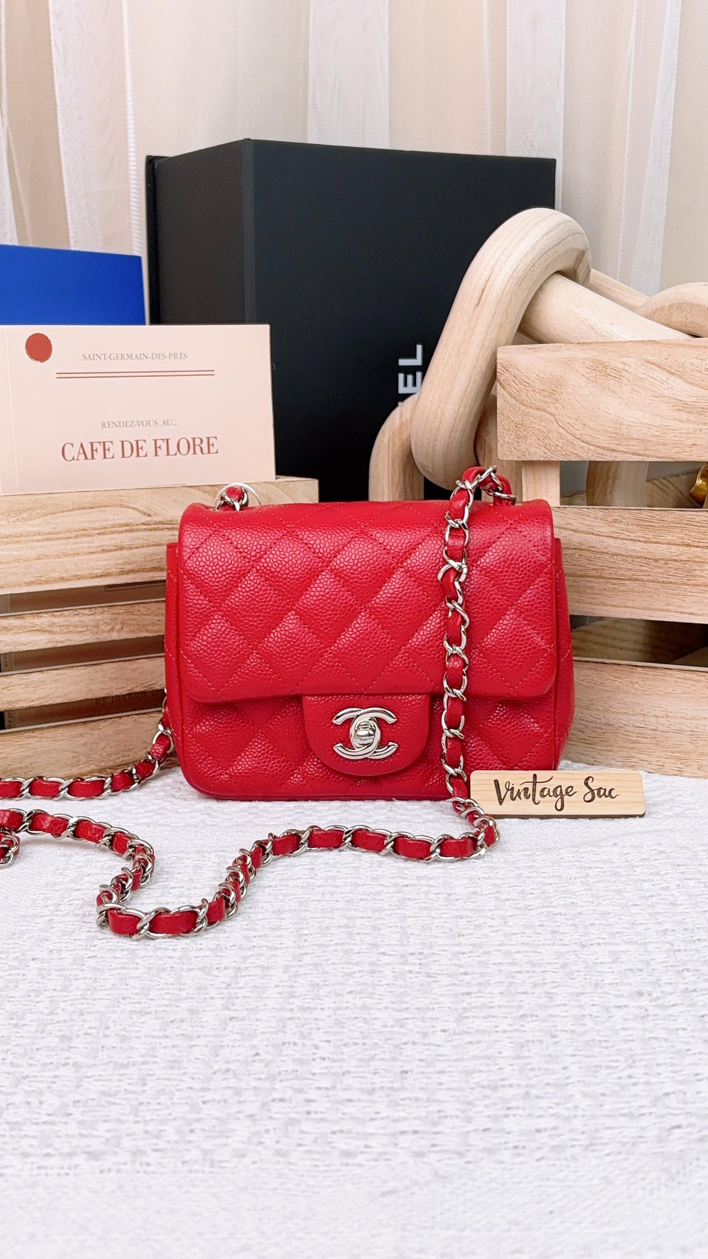 Chanel Red Caviar Mini Square Flap Bag SHW