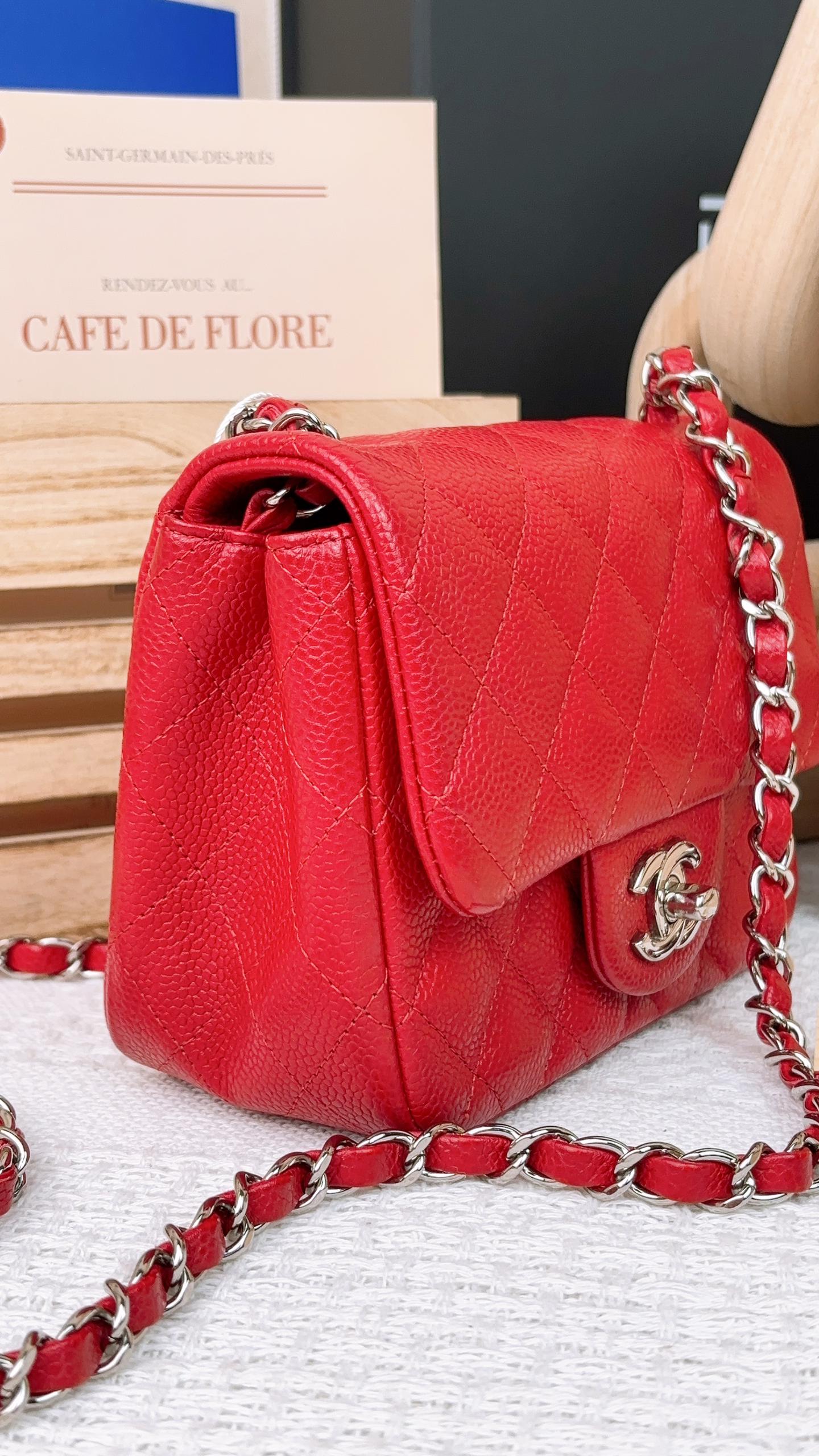 Chanel Red Caviar Mini Square Flap Bag SHW