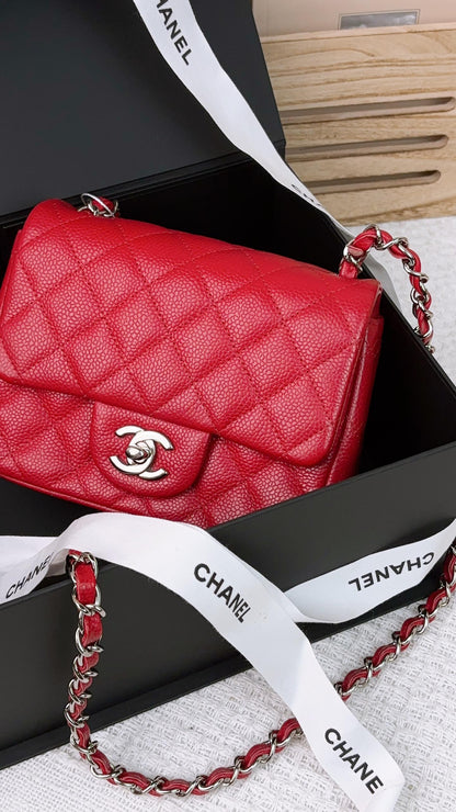 Chanel Red Caviar Mini Square Flap Bag SHW